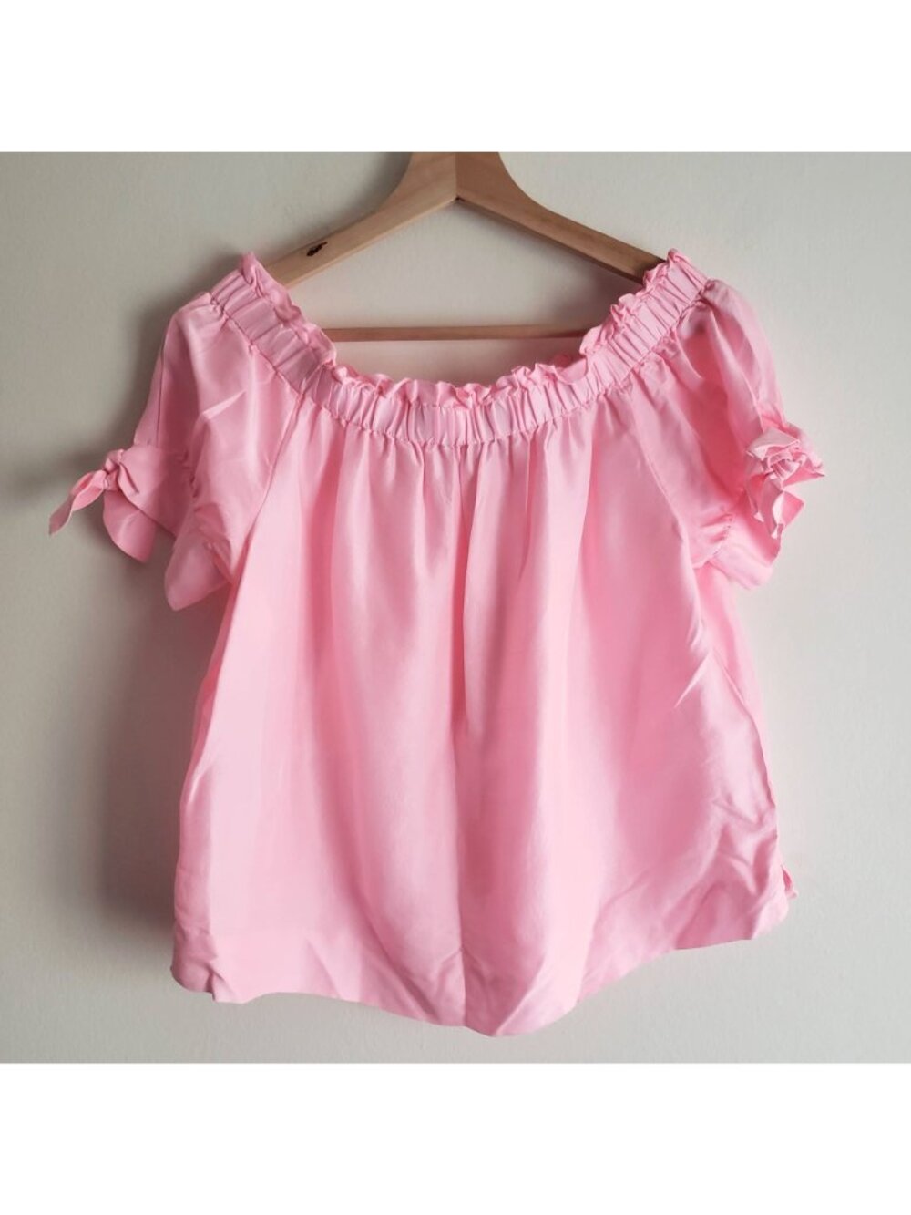 J Crew Pink Silk Blouse 8 Off-Shoulder Top w Bow Tied Sleeves - Picture 12 of 12